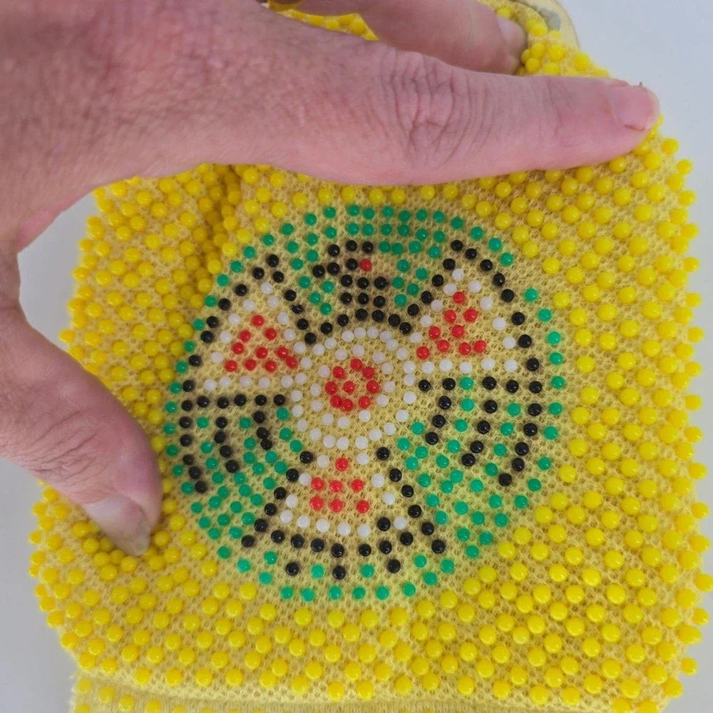 Vintage Thunderbird Indy 500 Beaded Souvenir Purse Yellow Fringe Kiss Lock‎
